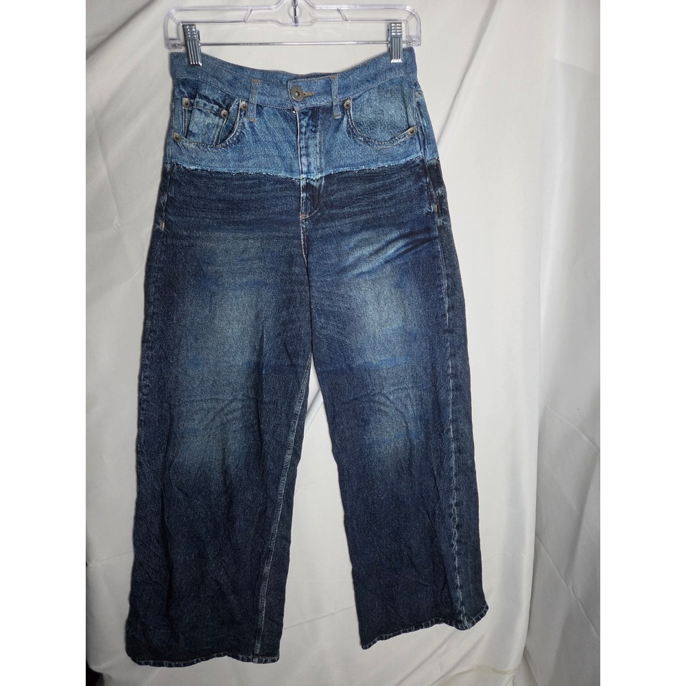 Elan Two-Tone Jeans Womens S Blue Dark Wash Relaxed High Rise Wide Leg